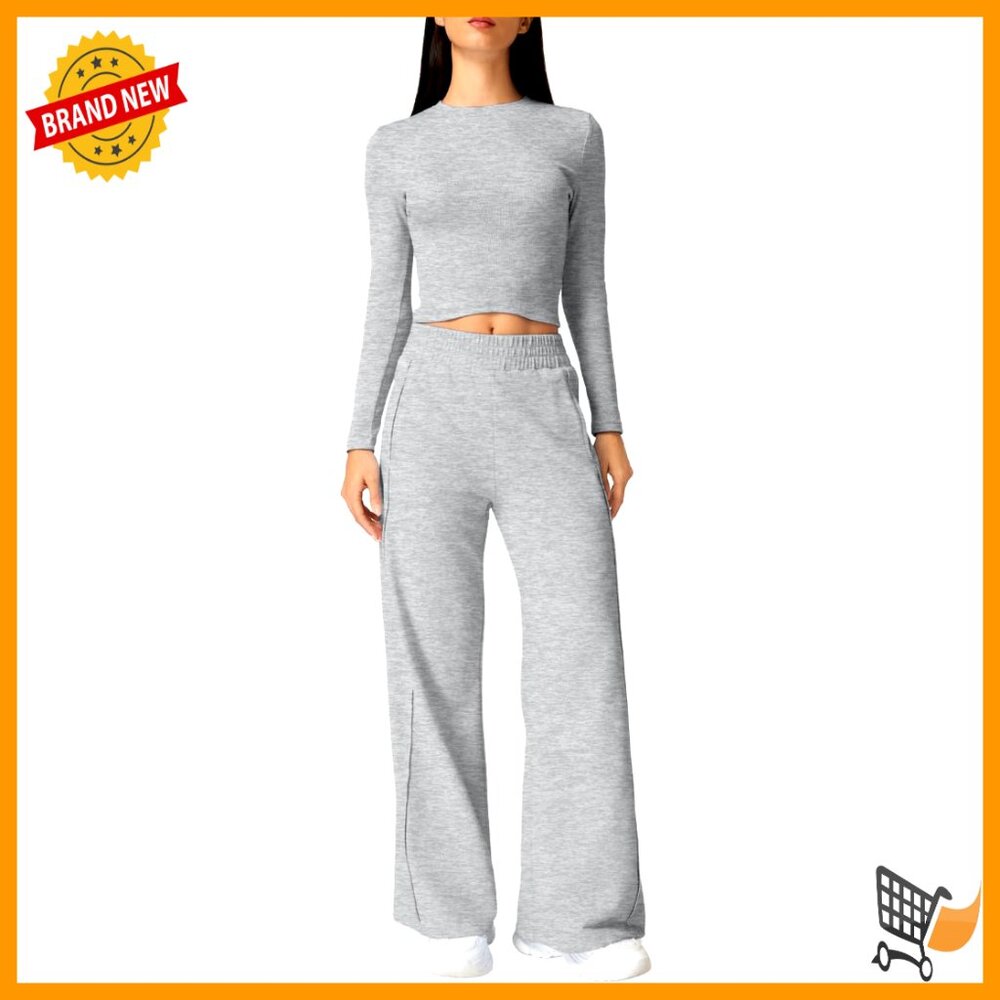 Long Sleeve Slim Fit Crop Top Wide Leg Pants Lounge Set Comfortable Chic